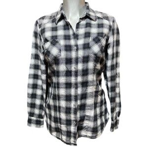 Stetson Tartan Plaid Western Shirt Studded Black/White Long Sleeve Cotton Rodeo